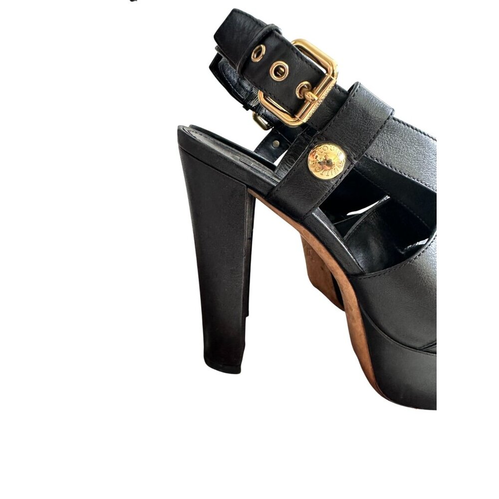 LOUIS VUITTON Wide Strappy Black Leather Platform Heels Size 37 / US 7 - Picture 7 of 12
